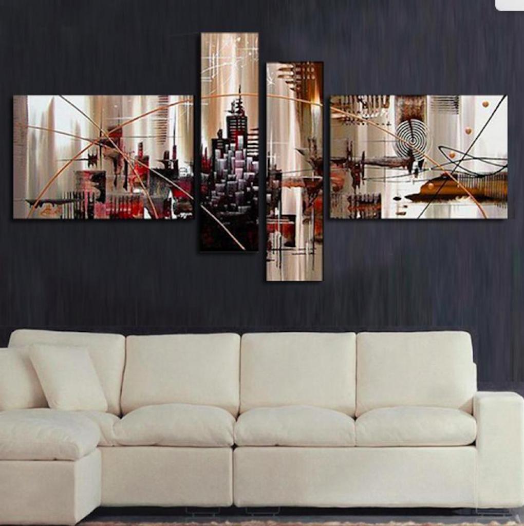 Quadro Dipinto a Mano su Tela Città Astratta a 4 Pannelli N65