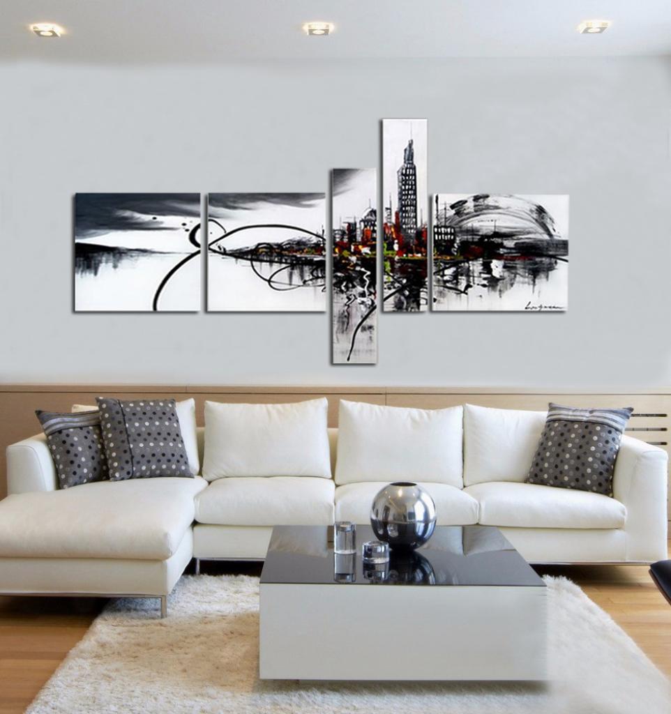 Quadro Moderno Dipinto a Mano su Tela Citta' Astratta a 5 Pannelli N85