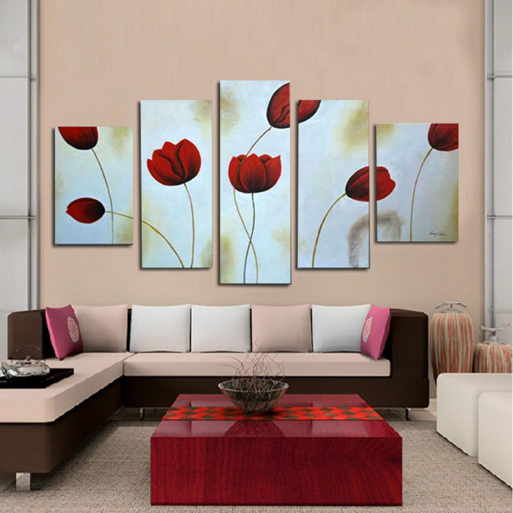 Quadro Moderno Dipinto a Mano su Tela Motivo Floreale 5 Pannelli N92